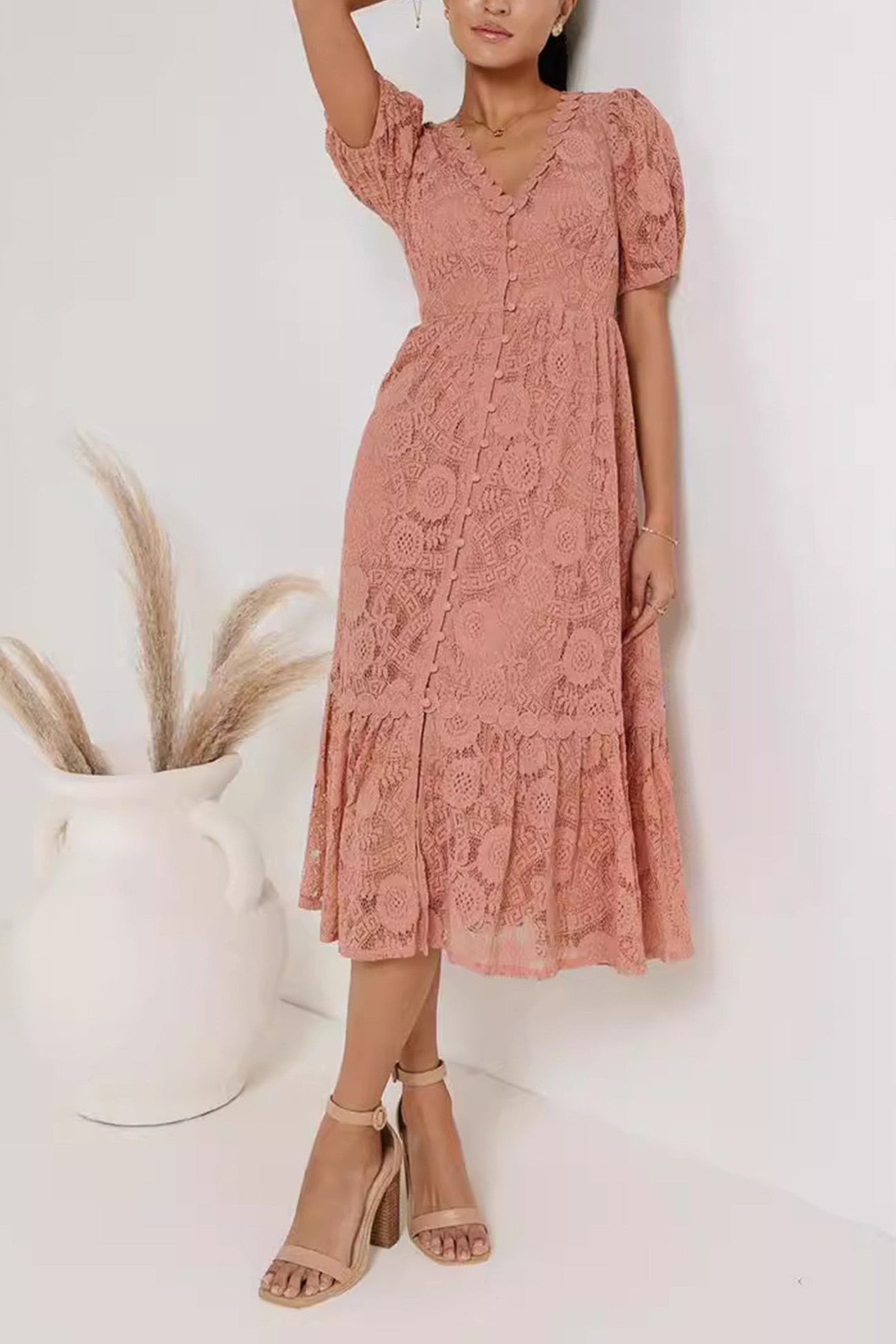 Lace Single-breasted Midi Dress