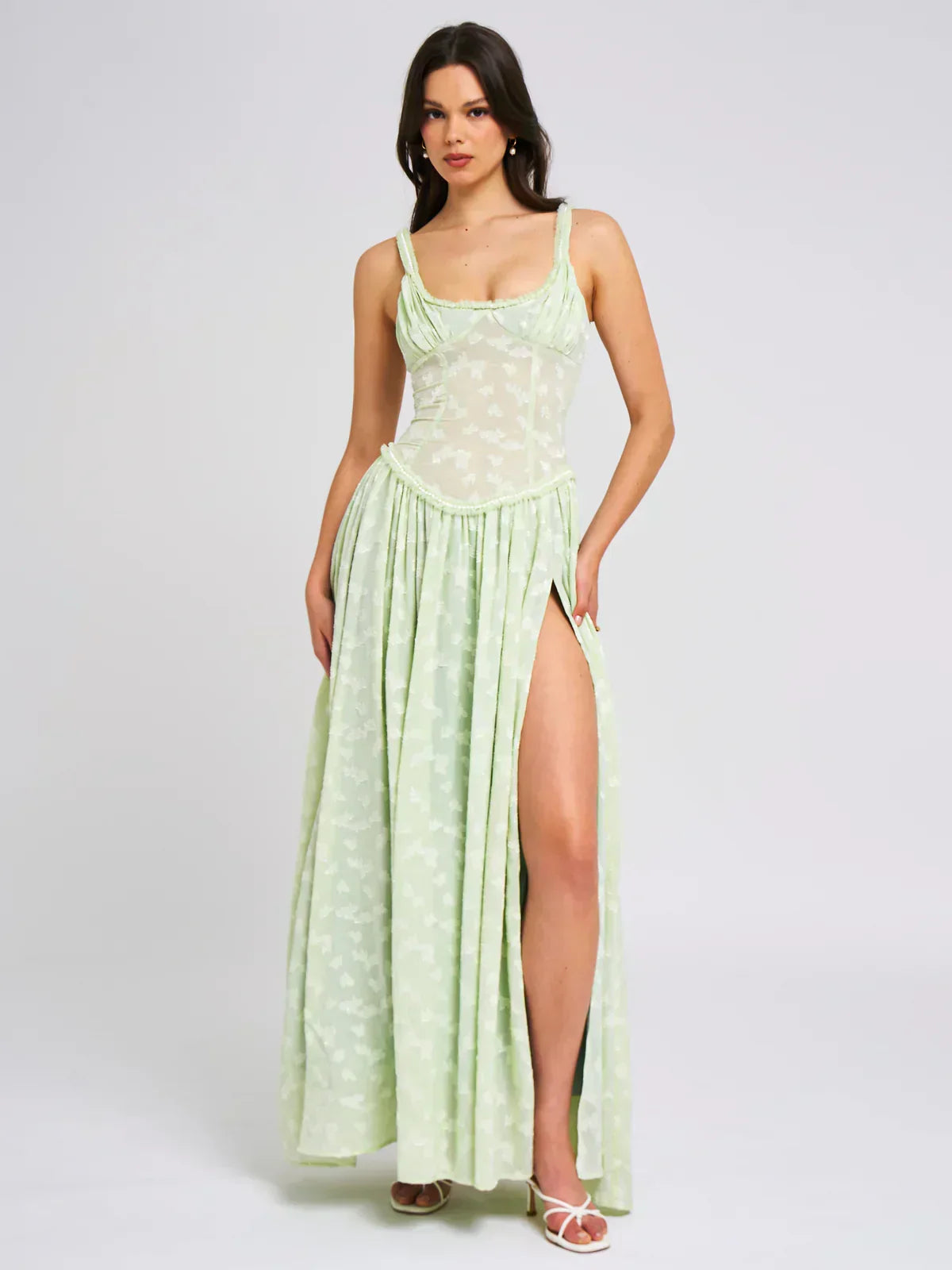 Sweetheart Ruffle Trim Corset Pleated High Slit Abstract Print Maxi Dress