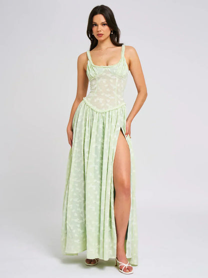 Sweetheart Ruffle Trim Corset Pleated High Slit Abstract Print Maxi Dress