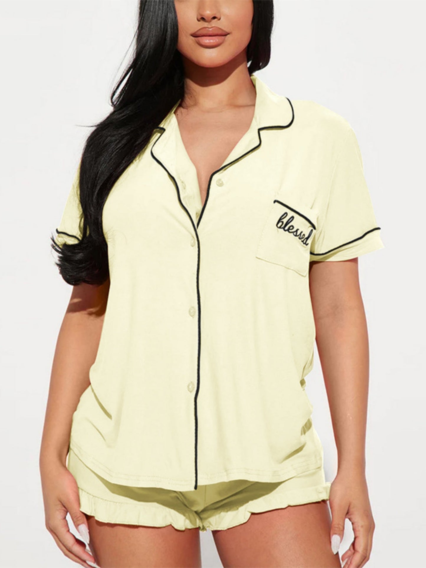 Collared Short-sleeved Shirt Lace-trimmed Shorts Two-piece Loungewear Set