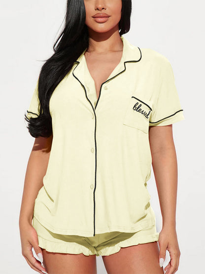 Collared Short-sleeved Shirt Lace-trimmed Shorts Two-piece Loungewear Set