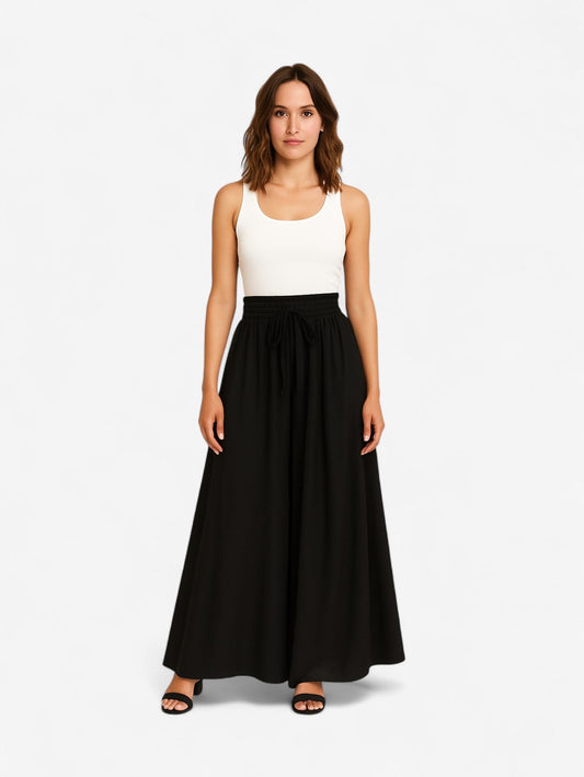 Black A-Line Maxi Skirt | Elastic Waist with Drawstring