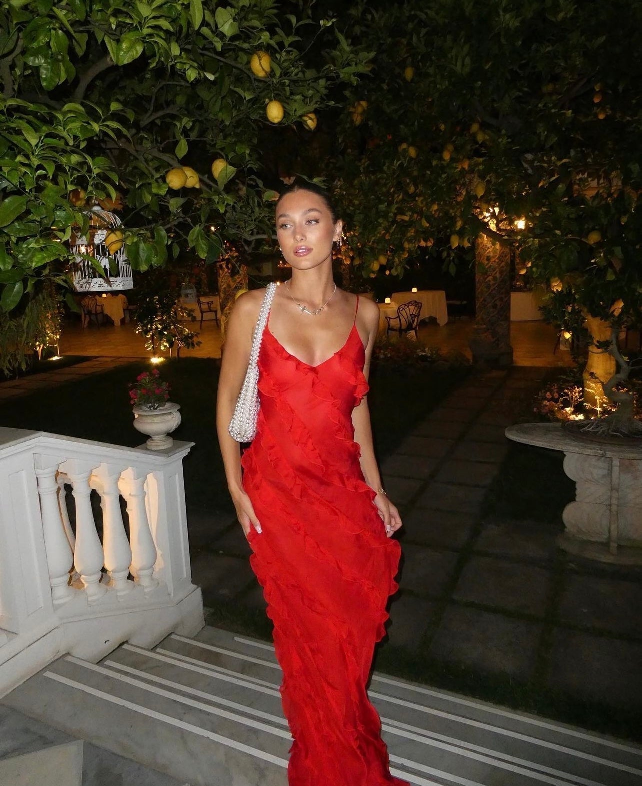 Spaghetti Strap V Neck Cascading Ruffle Slip Maxi Dress