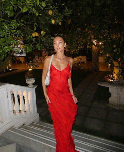 Spaghetti Strap V Neck Cascading Ruffle Slip Maxi Dress