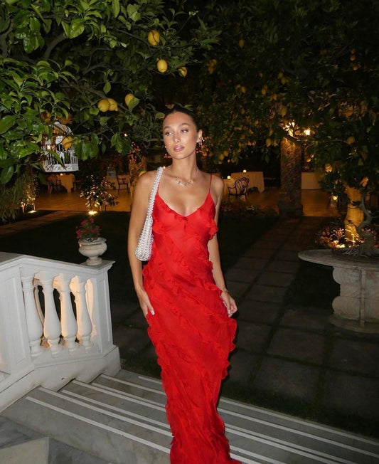 Spaghetti Strap V Neck Cascading Ruffle Slip Maxi Dress