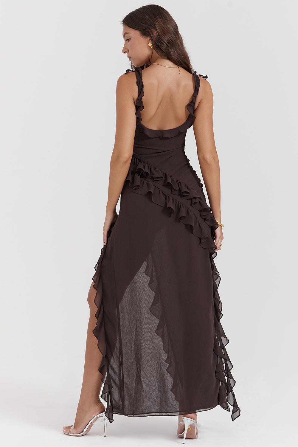 Square Neck Cap Sleeve Cascading Ruffle Trim High Slit Maxi Gown