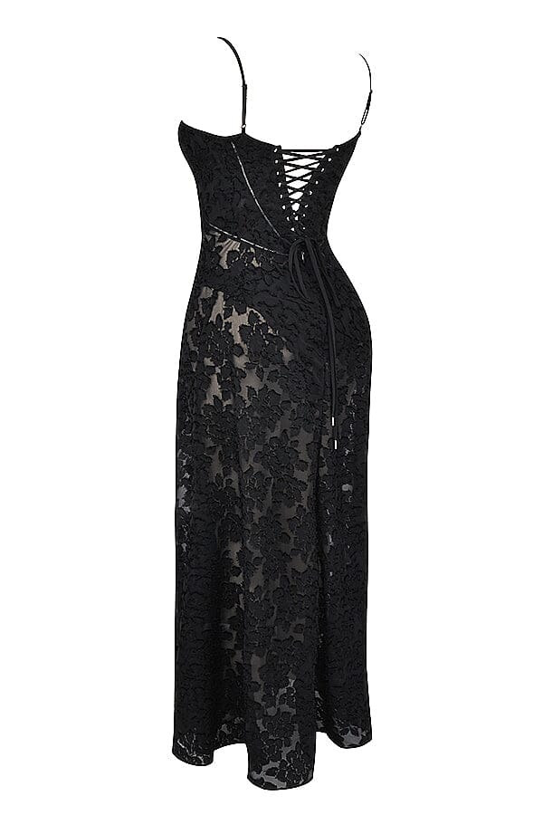 Floral Jacquard Spaghetti Strap Lace Up Corset Back Fit and Flare Maxi Dress