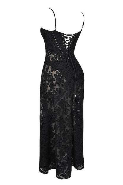 Floral Jacquard Spaghetti Strap Lace Up Corset Back Fit and Flare Maxi Dress