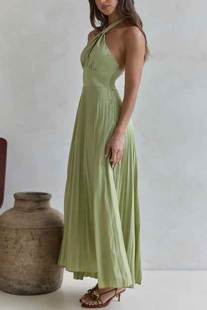 Solid Color Halter Neck Hollowed-out Casual Pleated Holiday Maxi Dress
