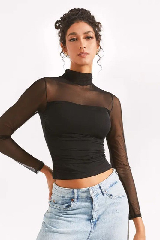 Solid Mock Neck Mesh Paneled Sexy Crop Top