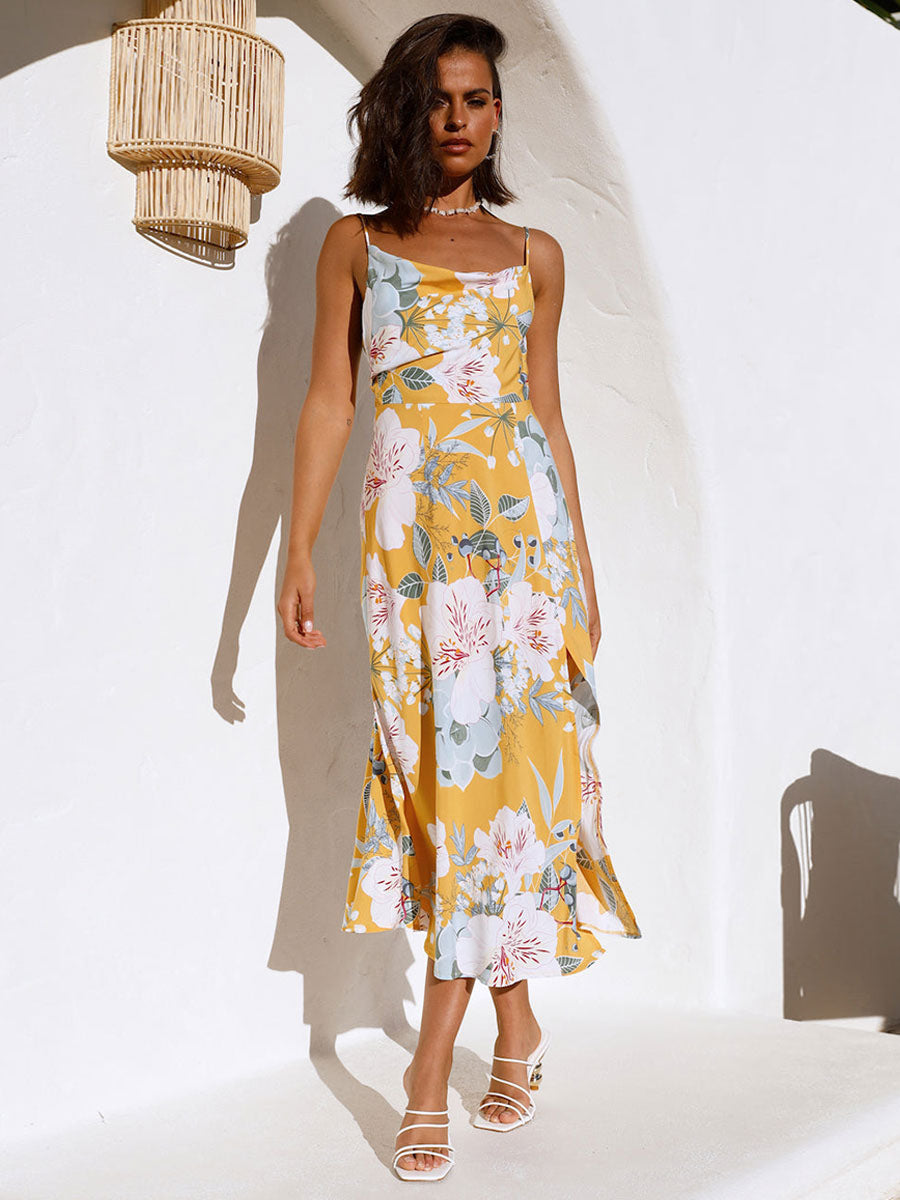 Print Midi Dresses Floral Print Spaghetti Straps Cowl Neck Sleeveless Backless Side Slit Chic Summer Dresses