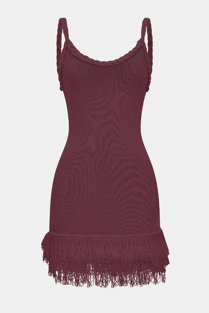 Solid Color Cable Camisole Slim Fit Tassel Knit Mini Dress