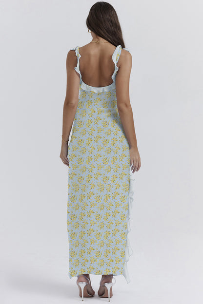 cherry ruffle maxi dress-blue flower
