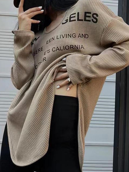 Letter Print U Neck Irregular Slit Long Sleeve Knit