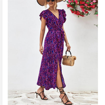 Stylish V-Neck Split Print Maxi Dress Available in Colors