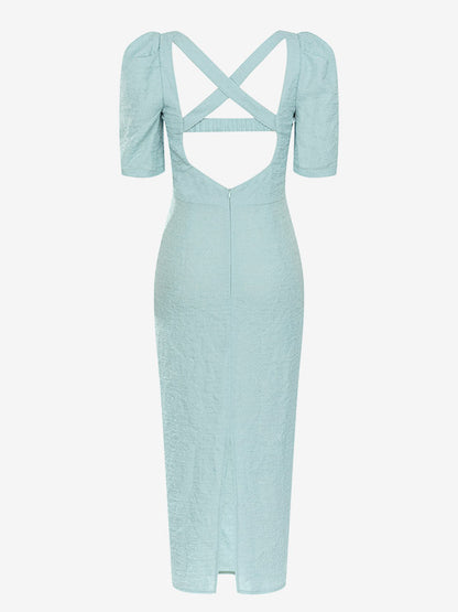Baby Blue Party Dresses Puff Sleeves Backless Party Prom Midi Dress
