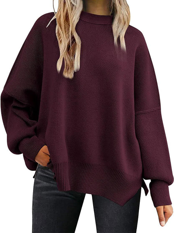 Solid Crew Neck Cape Sleeve Slit Sweater