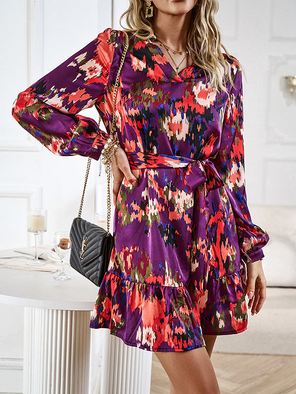 Long Sleeves Loose Printed Split-Joint Tied Waist V-Neck Mini Dresses