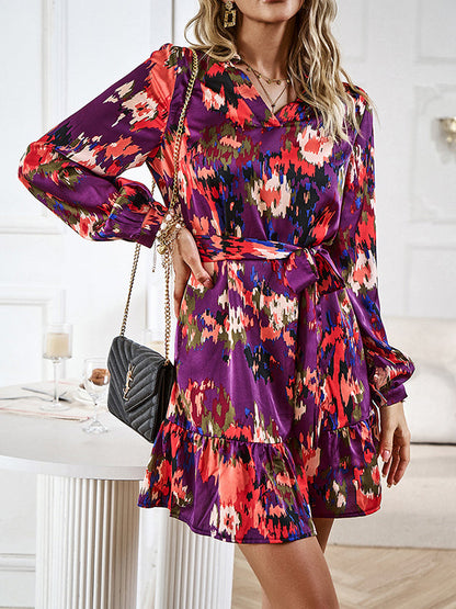 Long Sleeves Loose Printed Split-Joint Tied Waist V-Neck Mini Dresses