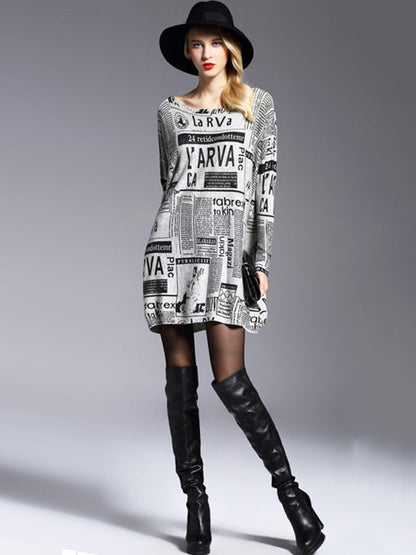 Vintage Loose One-Shoulder Newspaper Printed Split-Joint Sweater