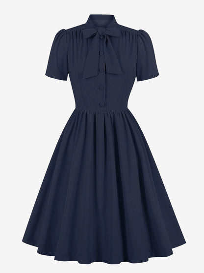 Vintage 1950s Midi Swing Tea Dress for Women - Bow Neck Short Sleeve Fit and Flare Rockabilly Gown - Garden Party 2026