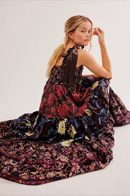 Smocked Sweetheart Neck Tie Shoulder Tiered Floral Paisley Maxi Dress