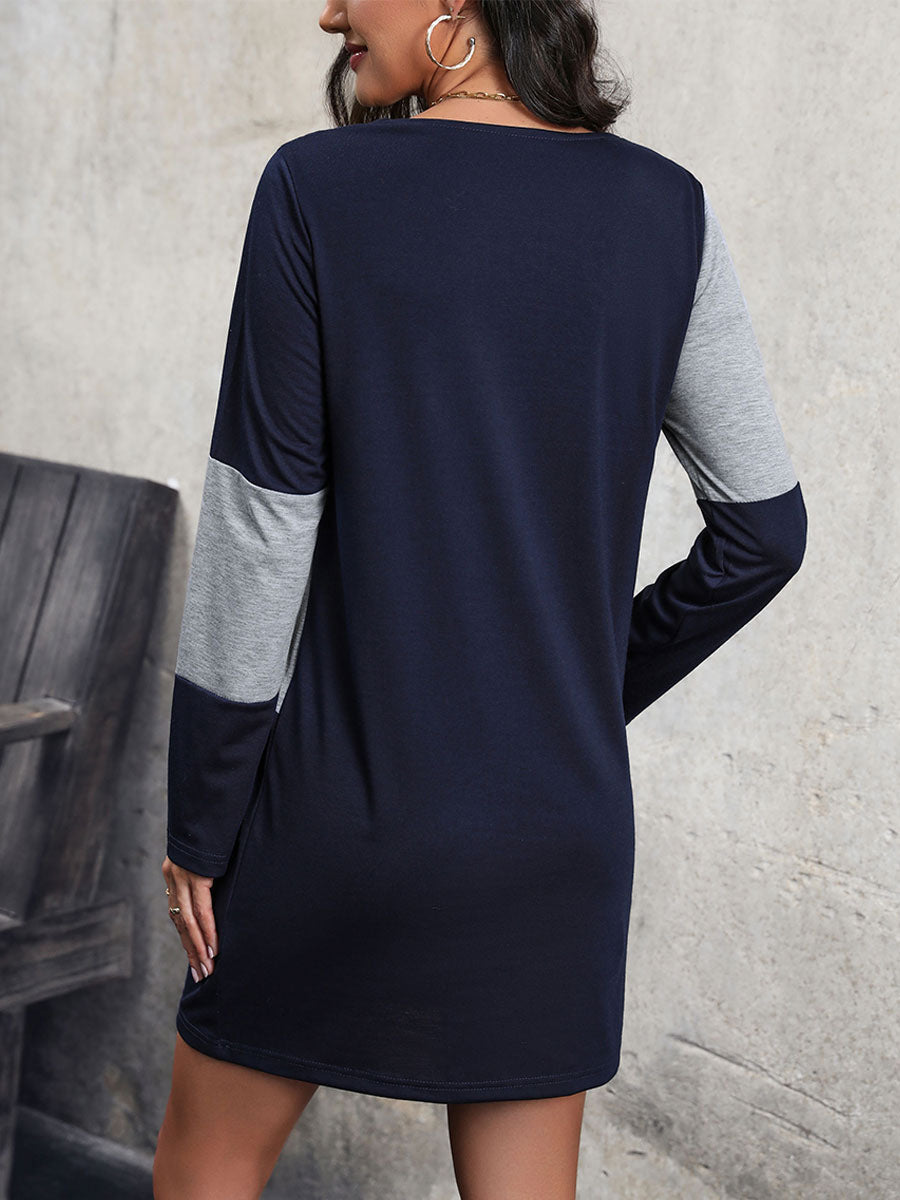 Patchwork Dress V-Neck Long Sleeves Buttons Day Mini Dresses