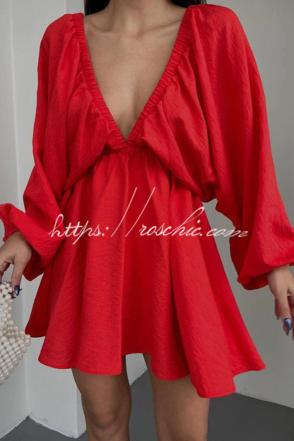 V Neck Puff Sleeve Solid Color Resort Style Mini Dress