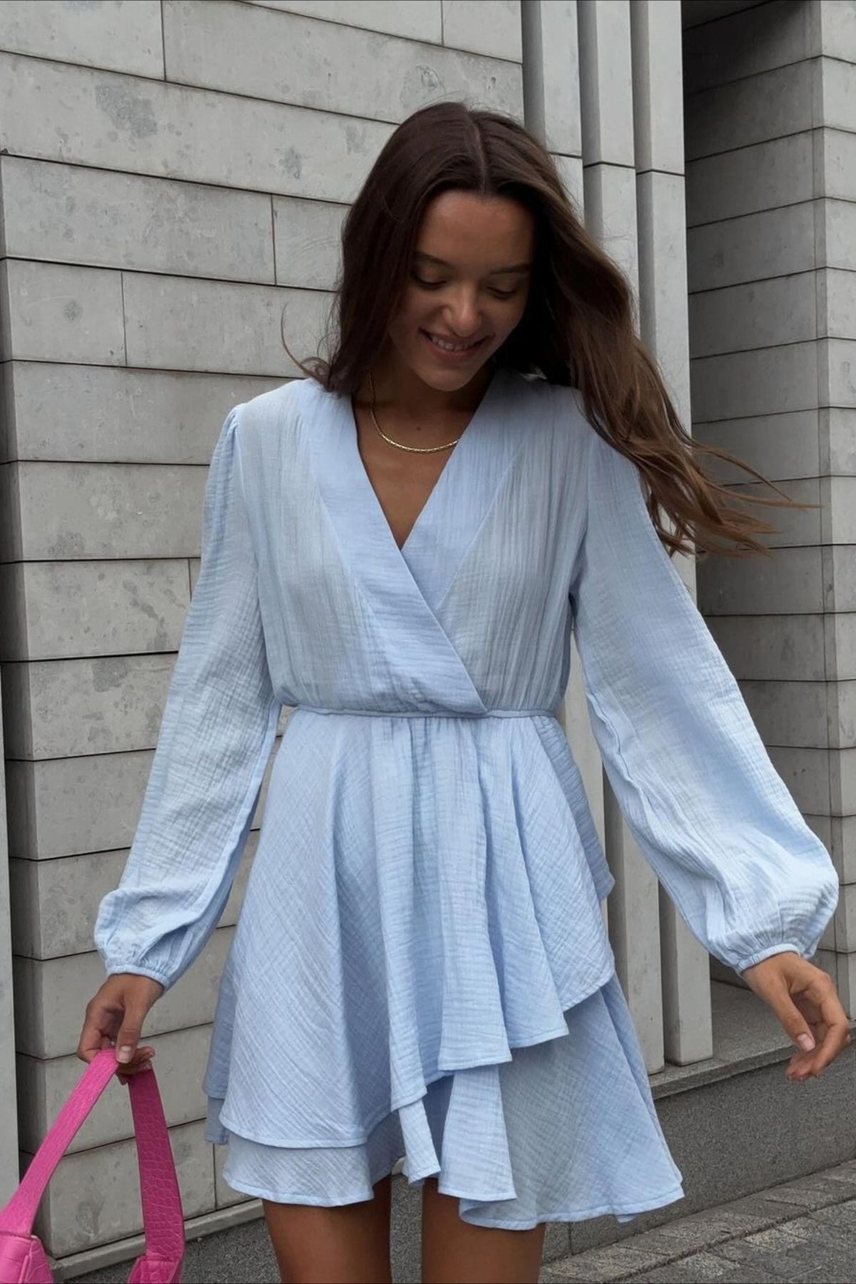 Long Sleeve Blouson Cuff Tiered Ruffle V-Neck Mini Dress