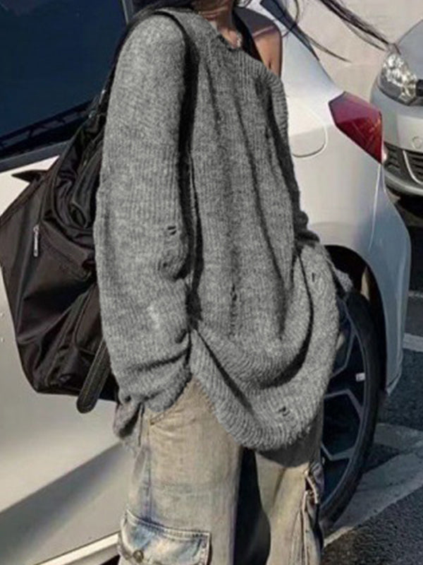 Cutout Tattered Baggy Thin Long Sleeve Knit