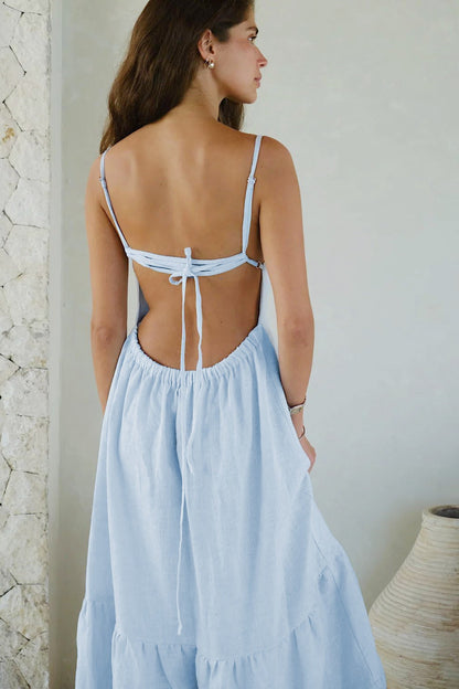 | Spaghetti Strap Backless Ruffle Maxi Dress