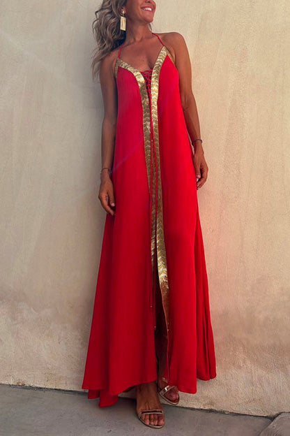 V Neck Backless Sequin Detailed Cami Maxi Dress
