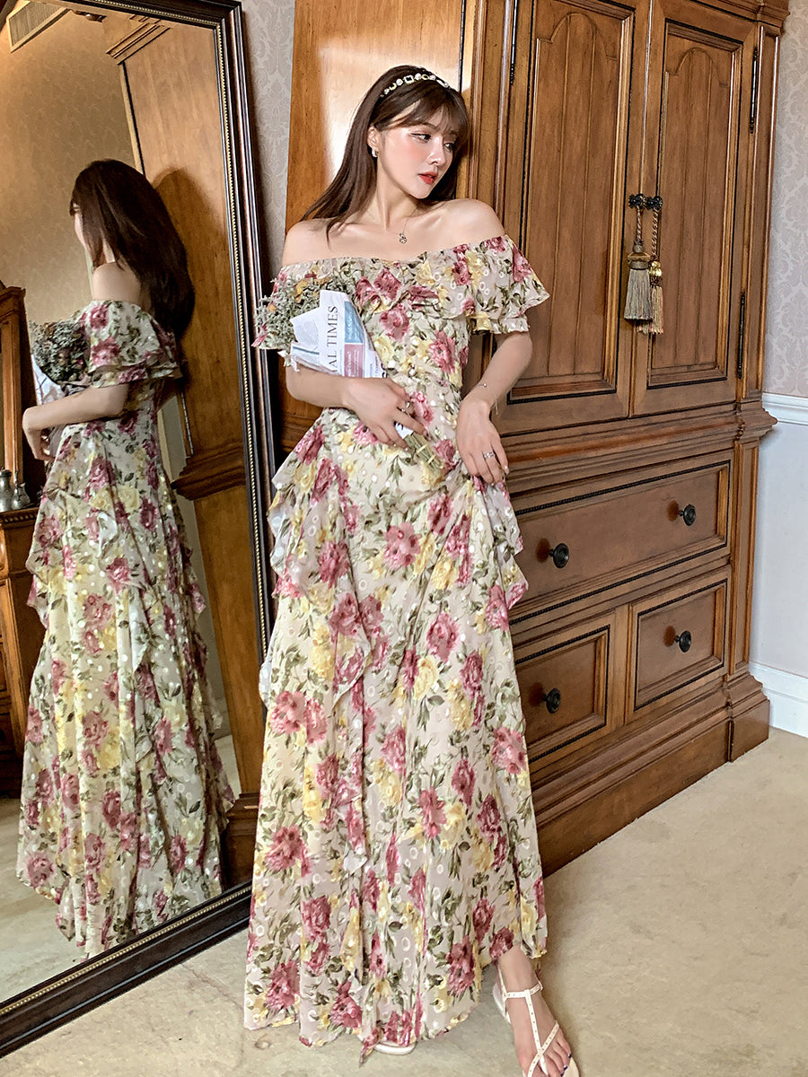 French Court-Style Plus Size Maxi Dress – Ruffled Off-Shoulder Chiffon Dream gunne sax vintage dress