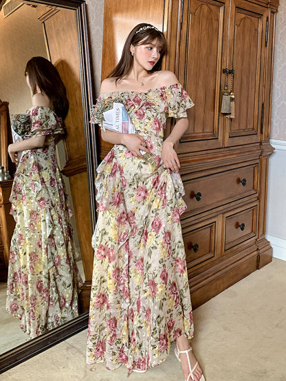 French Court-Style Plus Size Maxi Dress – Ruffled Off-Shoulder Chiffon Dream gunne sax vintage dress