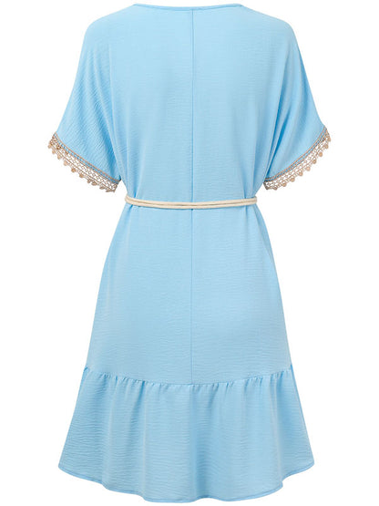 Short Sleeves Belted Split-Joint V-neck Mini Dresses