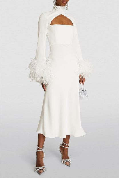 Feather Solid High Neck Midi Dress