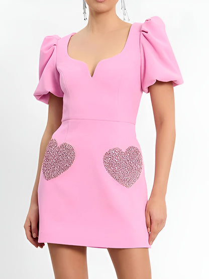 Sweet Summer Dress Designed Neckline Heart Printed Mini Dresses