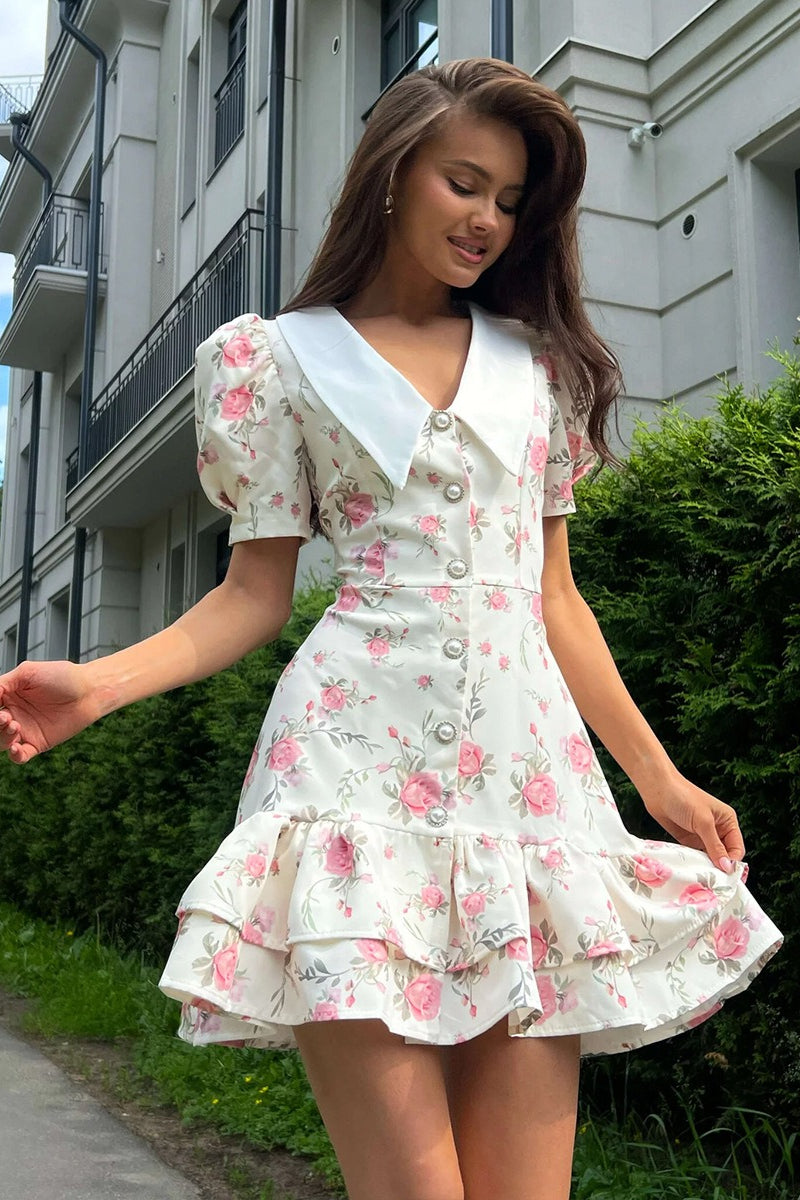 Floral Print Oversized Pointed Collar Puff Sleeve Button Front Tiered Mini Dress