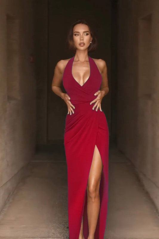 Halter Neck V-Slit Evening Wrap Dress