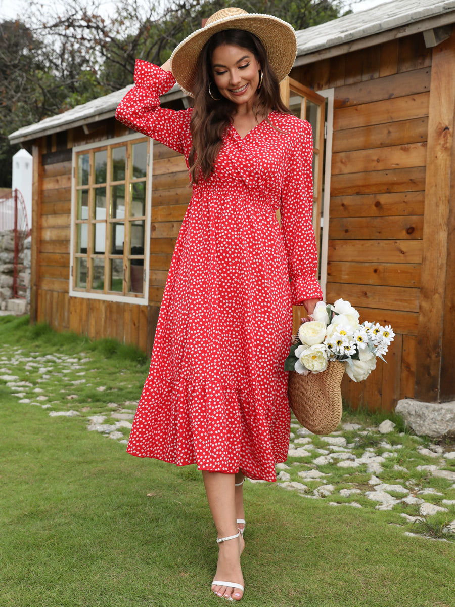 Vintage Polka Dot Dress V-Neck Long Sleeves Ruffles Midi Dresses