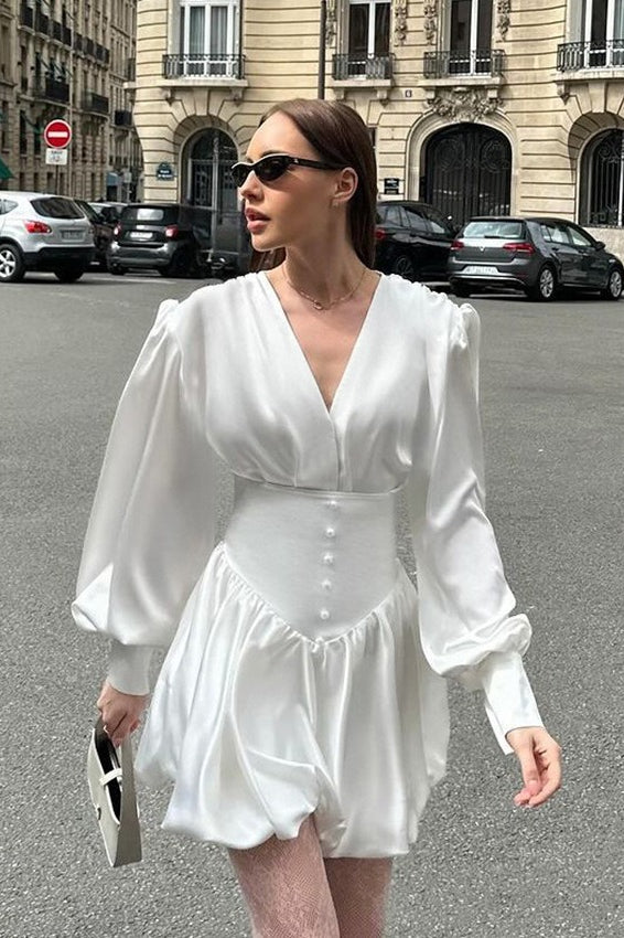 Deep V Neck Puff Sleeve Cinched Waist Bubble Hem Satin Mini Dress