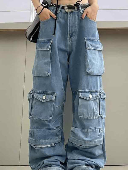 Multiple Pocket Washed Cargo Cargo Jeans