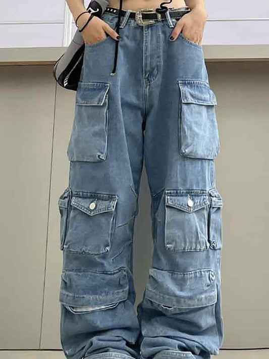 Multiple Pocket Washed Cargo Cargo Jeans