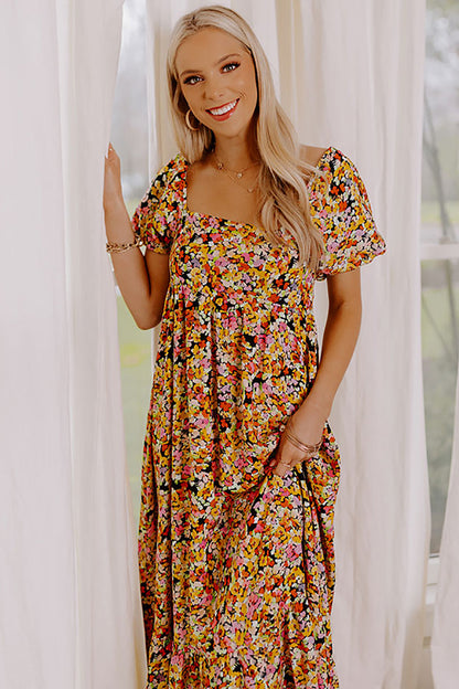Yellow Puff Sleeve Square Neck Open Back Floral Midi Dress