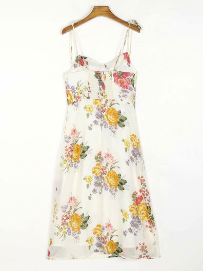Floral Midi Dresses Floral Print Spaghetti Straps High-slit Split Front Straps Neck Sleeveless Zipper Front Slit Sexy Summer Medium Dress