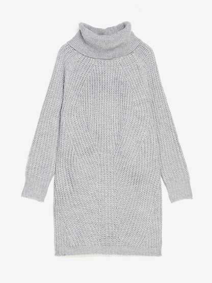 Slouchy Knitted Dress Turtleneck Long Sleeves Ribbed Cuff Mini Dresses