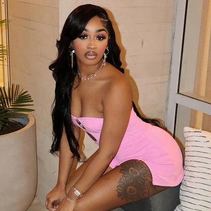 Y2K Sexy Mini Dress Women Summer Hottie Hollow Out Strapless Solid Color Pullover Dresses Streetwear 2024 Women Clothing