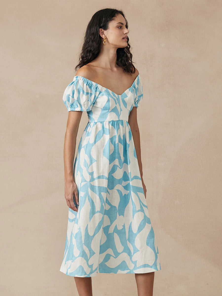 Boho Dress Bateau Neck Short Sleeves Pleated Summer Casual Midi Dresses