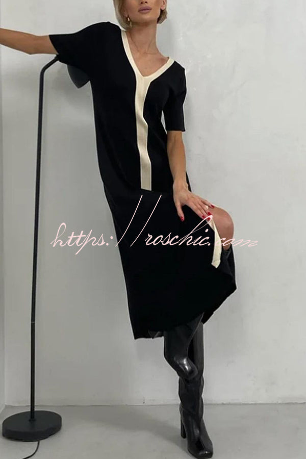 Fashionable V-neck Slim Fit Waist Knitted Midi Dress