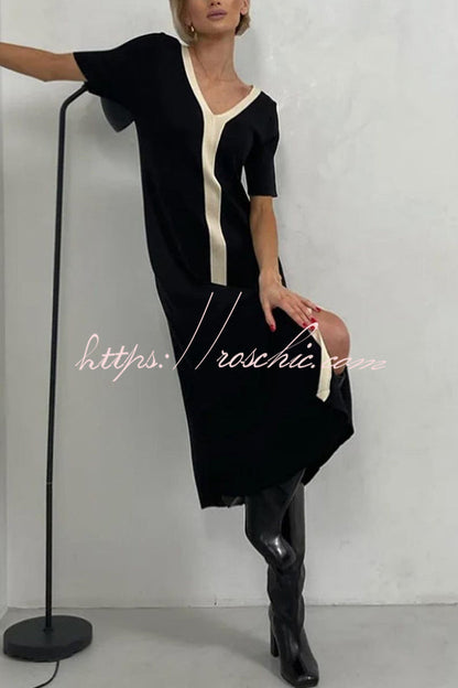 Fashionable V-neck Slim Fit Waist Knitted Midi Dress